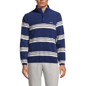Lands End Mens Fleece Pullover Striped Quarter Snap Button Neck Blue White MT